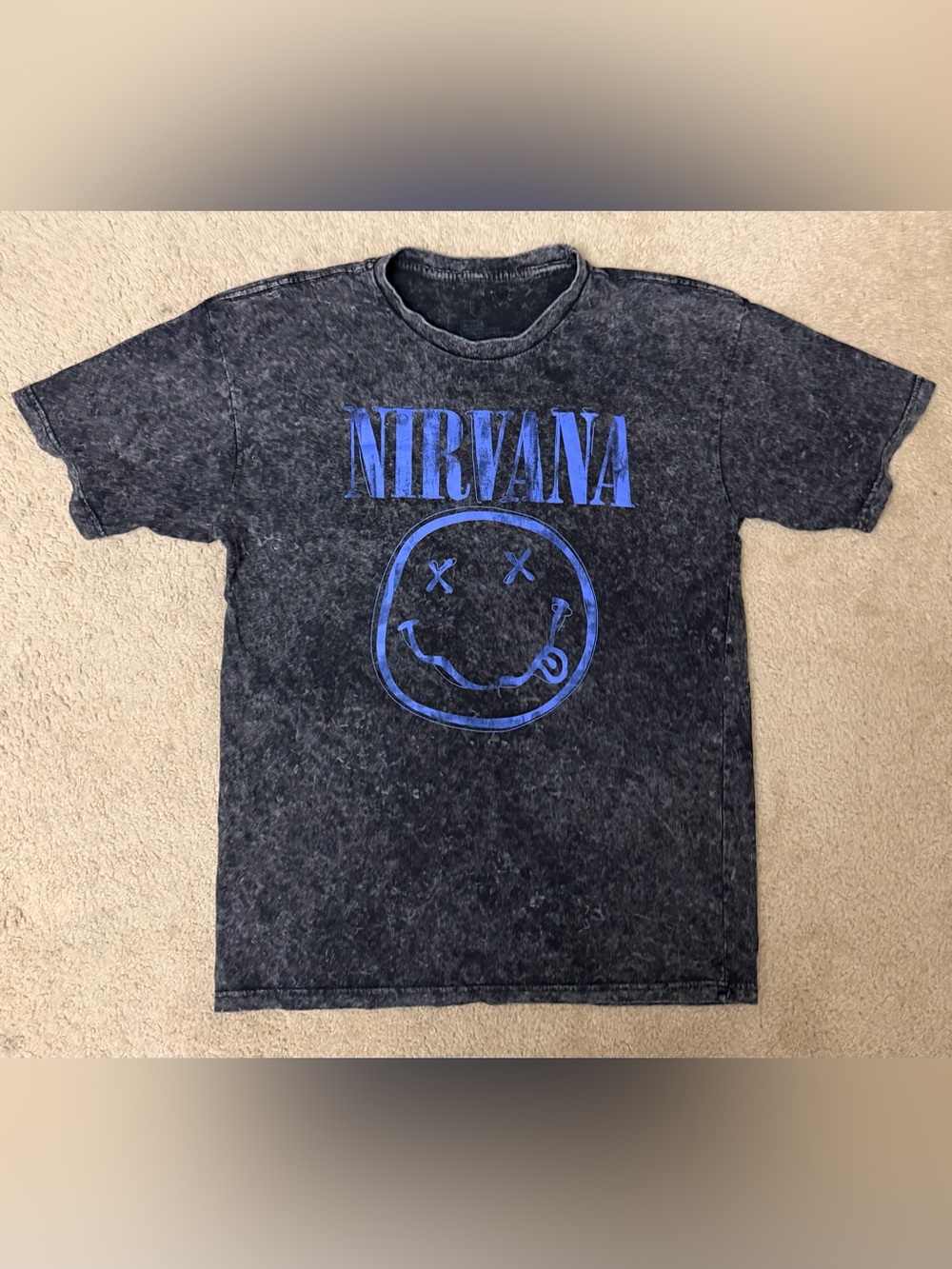 Nirvana Smiley Face Black Acid Wash Blue Graphic Band Tee L